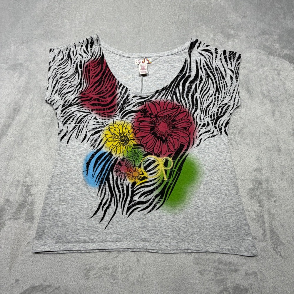 Vintage OP Ocean Pacific Zebra Floral Graphic Tee Size L Grey Cotton 2000s Y2K